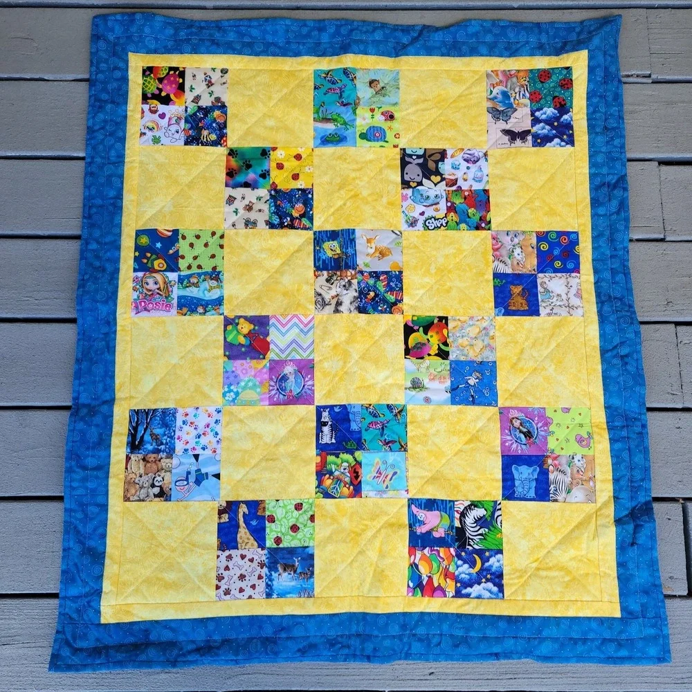 Handmade Toddler Crib Quilt Frogs Bugs Ducks Blue Yellow Baby Blanket 38x44